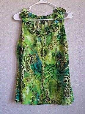 Sioni Green Paisley Print Ruffle Collar Button Front Tank Top Blouse Size Large